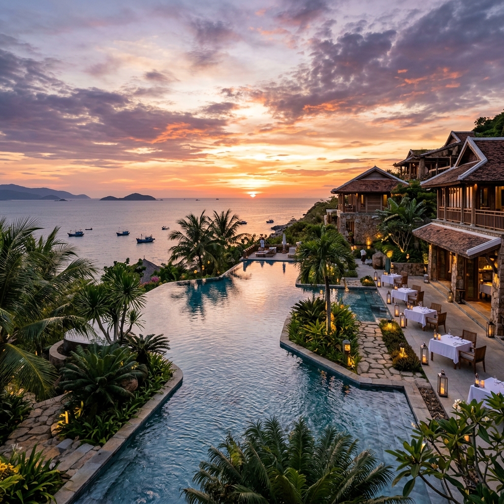 Piscina a sfioro di un lussuoso resort in Vietnam al tramonto, con vista sull'oceano e tavoli da pranzo esterni. (Immagine generata con IA)