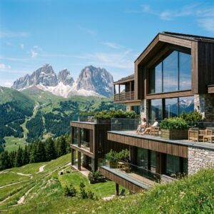 Architettura moderna e lussuosa di un resort Club Med tra le vette delle Alpi italiane, immerso in una valle verdeggiante.
