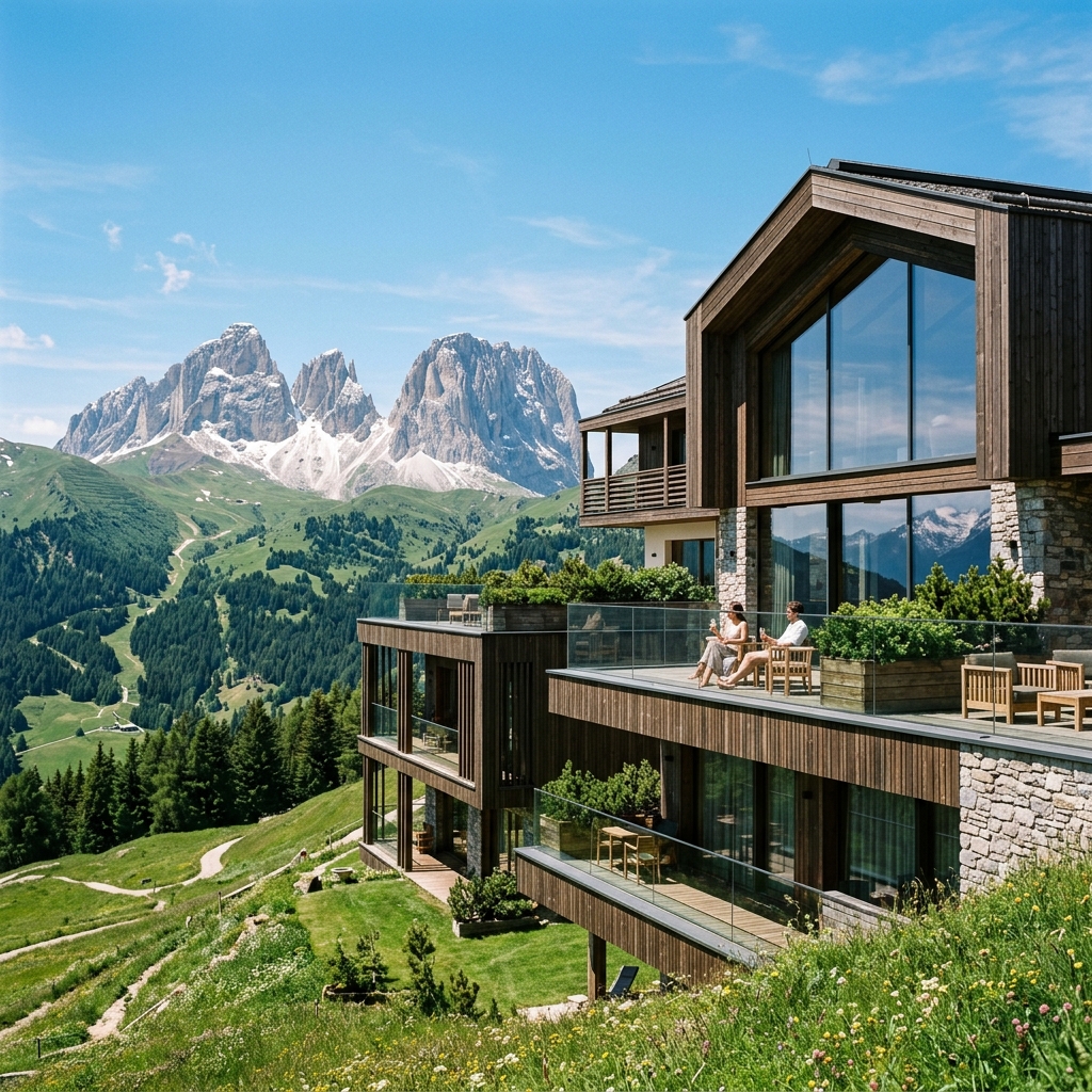 Architettura moderna e lussuosa di un resort Club Med tra le vette delle Alpi italiane, immerso in una valle verdeggiante.