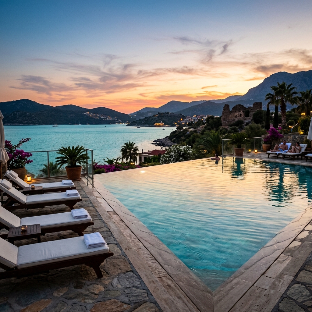 Piscina a sfioro di un resort di lusso con vista sul mare e sulla costa turca al tramonto. (Immagine generata con IA)
