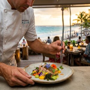 Uno chef prepara un piatto gourmet su una terrazza panoramica di un resort di lusso ai Caraibi, con il mare sullo sfondo.