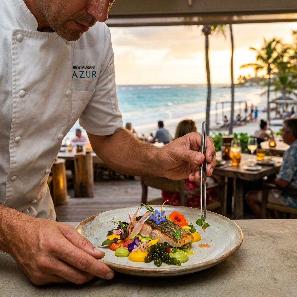 Uno chef prepara un piatto gourmet su una terrazza panoramica di un resort di lusso ai Caraibi, con il mare sullo sfondo.