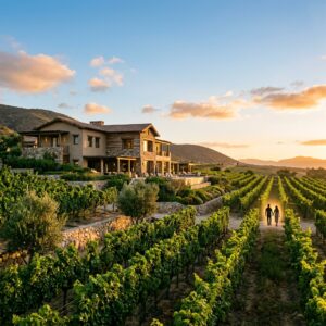 Un lussuoso resort immerso tra i vigneti dorati della Valle de Guadalupe in Messico, con una coppia che passeggia in lontananza.