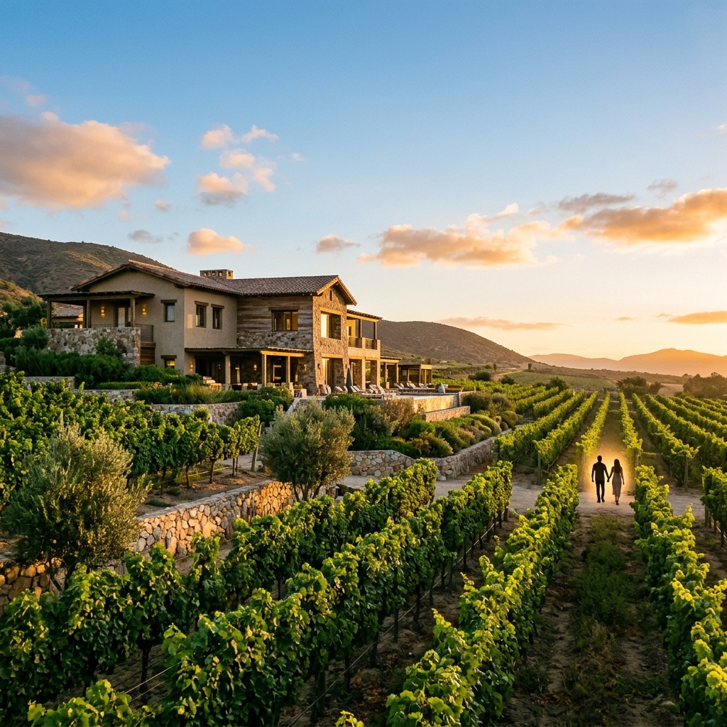 Un lussuoso resort immerso tra i vigneti dorati della Valle de Guadalupe in Messico, con una coppia che passeggia in lontananza.