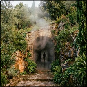 Ingresso di una lussuosa grotta termale nel Grotta Giusti Thermal Spa Resort in Toscana, con vapori che si innalzano e vegetazione lussureggiante.