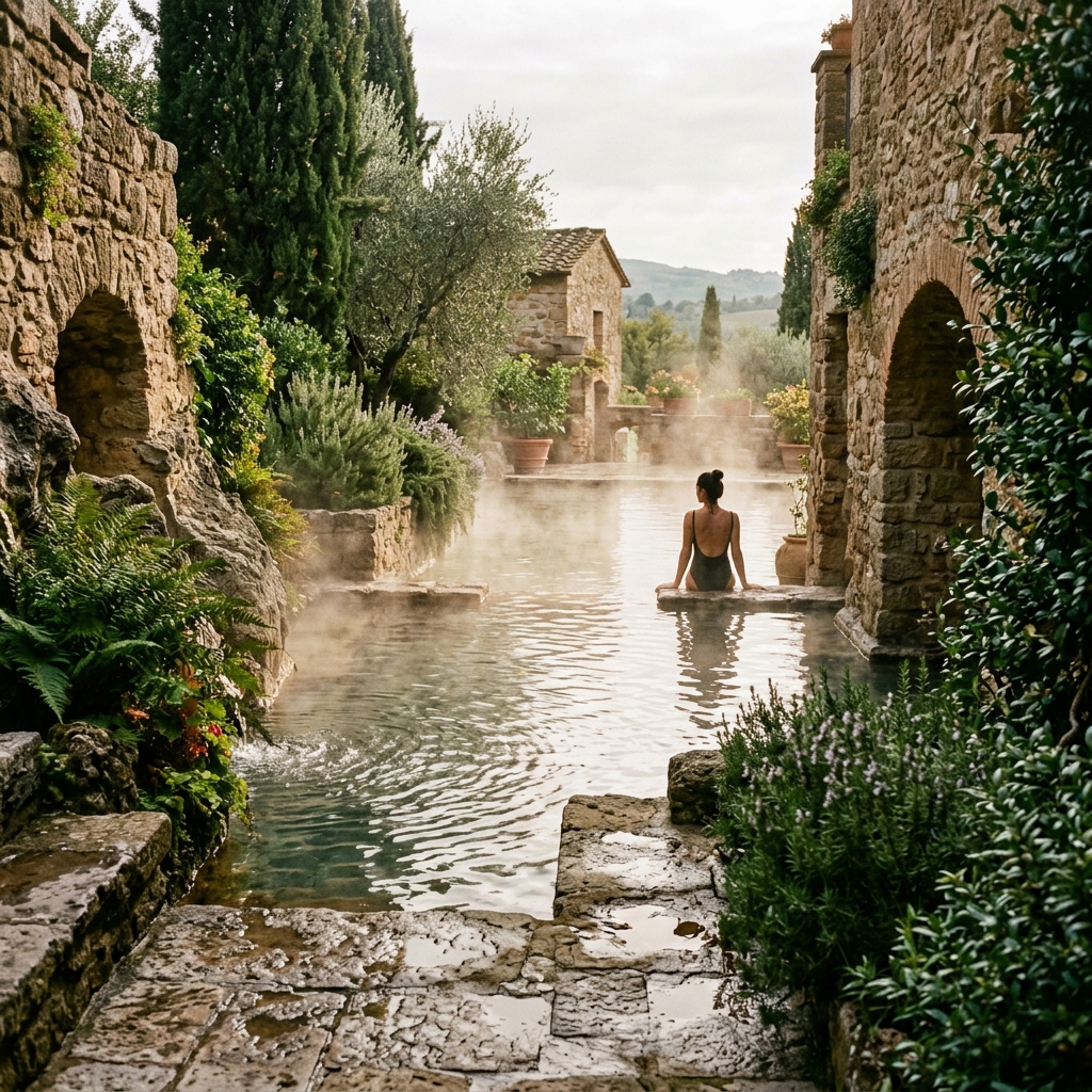 Piscina termale con vapore e luci soffuse in una lussuosa spa italiana, con una figura lontana che si rilassa in acqua