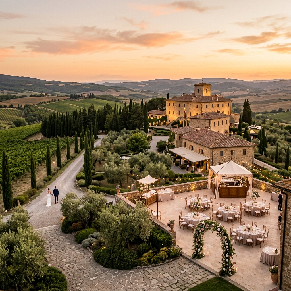 Panoramica di un lussuoso resort a cinque stelle in Toscana, con architettura in pietra, giardini curati e colline ondulate, dove una coppia cammina in lontananza.