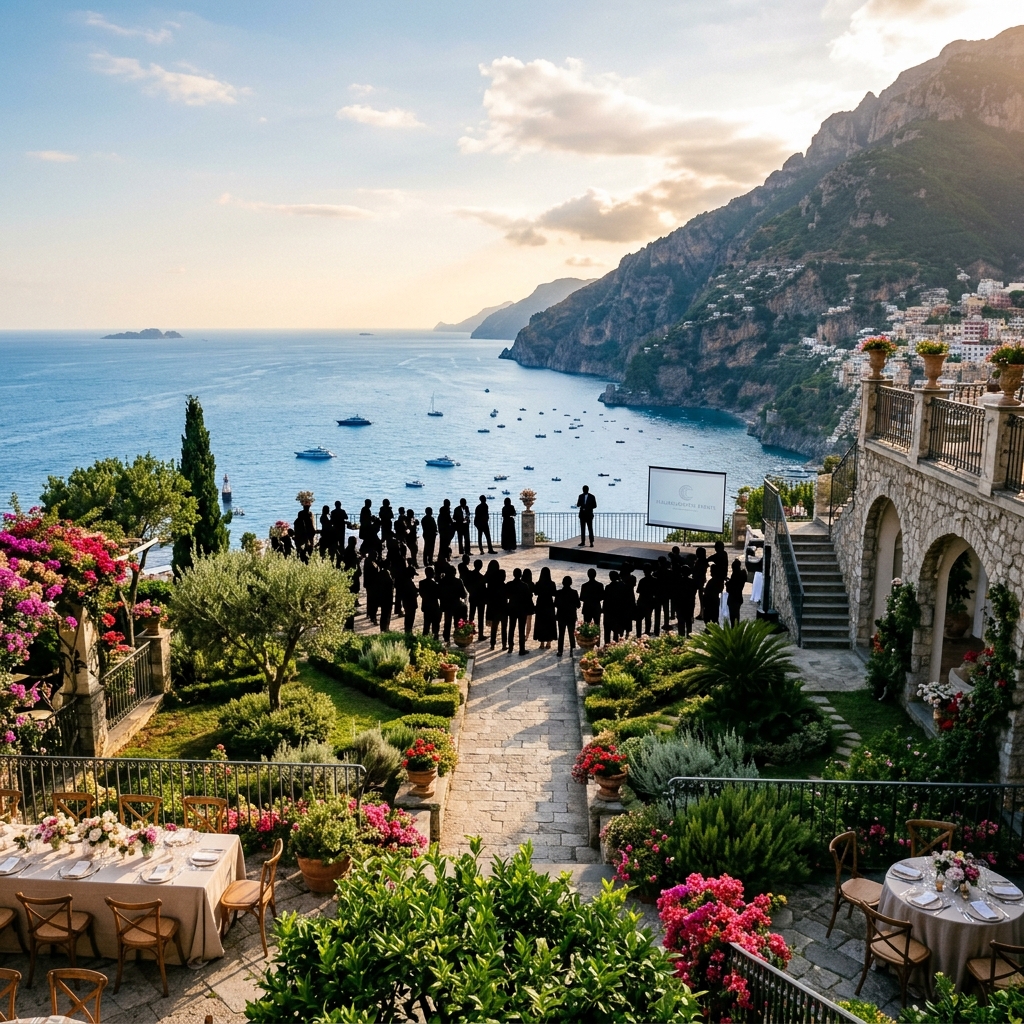 Terrazza elegante di un resort costiero italiano con persone in lontananza che assistono a un evento.