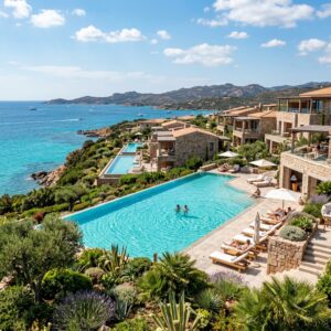 Veduta aerea di un lussuoso resort in Gallura, Sardegna, con piscine a sfioro e architettura elegante immerse nella vegetazione mediterranea e affacciate sul mare cristallino.