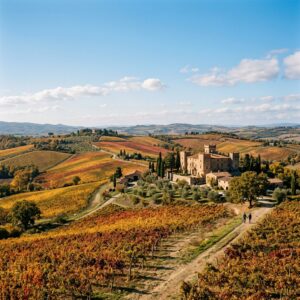 Panorama autunnale delle colline toscane con vigneti colorati e un elegante wine resort in pietra, sotto un cielo sereno. (Immagine generata con IA)