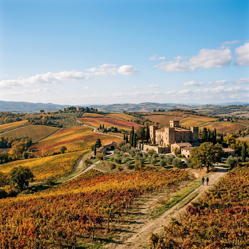 Panorama autunnale delle colline toscane con vigneti colorati e un elegante wine resort in pietra, sotto un cielo sereno. (Immagine generata con IA)