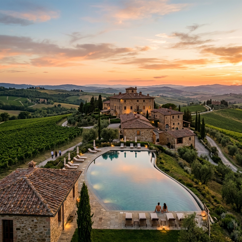Vista panoramica di un lussuoso resort toscano, Castiglion del Bosco, con edifici in pietra, vigneti e una piscina a sfioro che si affaccia sulle colline.