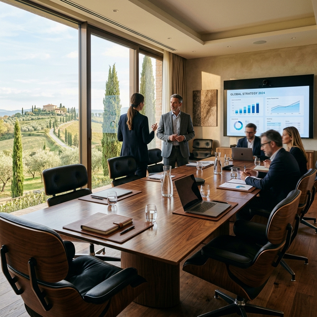 Sala conferenze elegante e moderna all'interno di un resort in Toscana, con un grande tavolo e sedie, e ampie finestre che affacciano su un paesaggio collinare toscano.