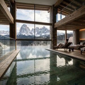 Piscina interna riscaldata di un lussuoso resort spa con vista sulle montagne in Trentino, con una persona di spalle. (Immagine generata con IA)