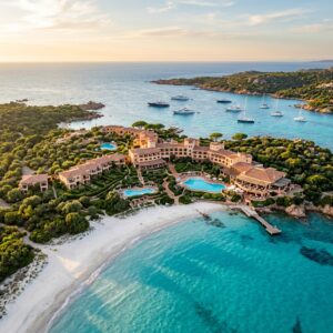 Vista aerea di un resort di lusso su un'isola privata in Sardegna, con spiagge bianche e mare cristallino al tramonto.