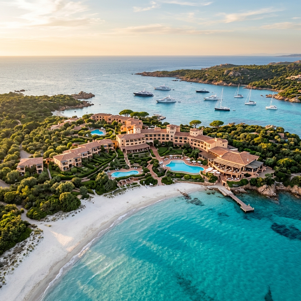Vista aerea di un resort di lusso su un'isola privata in Sardegna, con spiagge bianche e mare cristallino al tramonto.