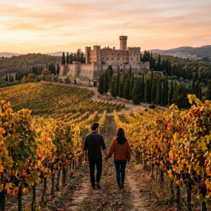 Un castello storico circondato da vigneti con i colori autunnali nel Chianti, con una coppia vista di spalle che passeggia tra i filari.