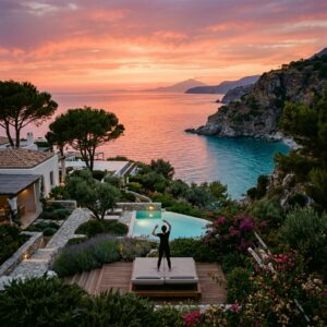 Area benessere all'aperto in un resort in Calabria, con una persona di schiena che pratica yoga al tramonto, vista mare e giardini mediterranei.