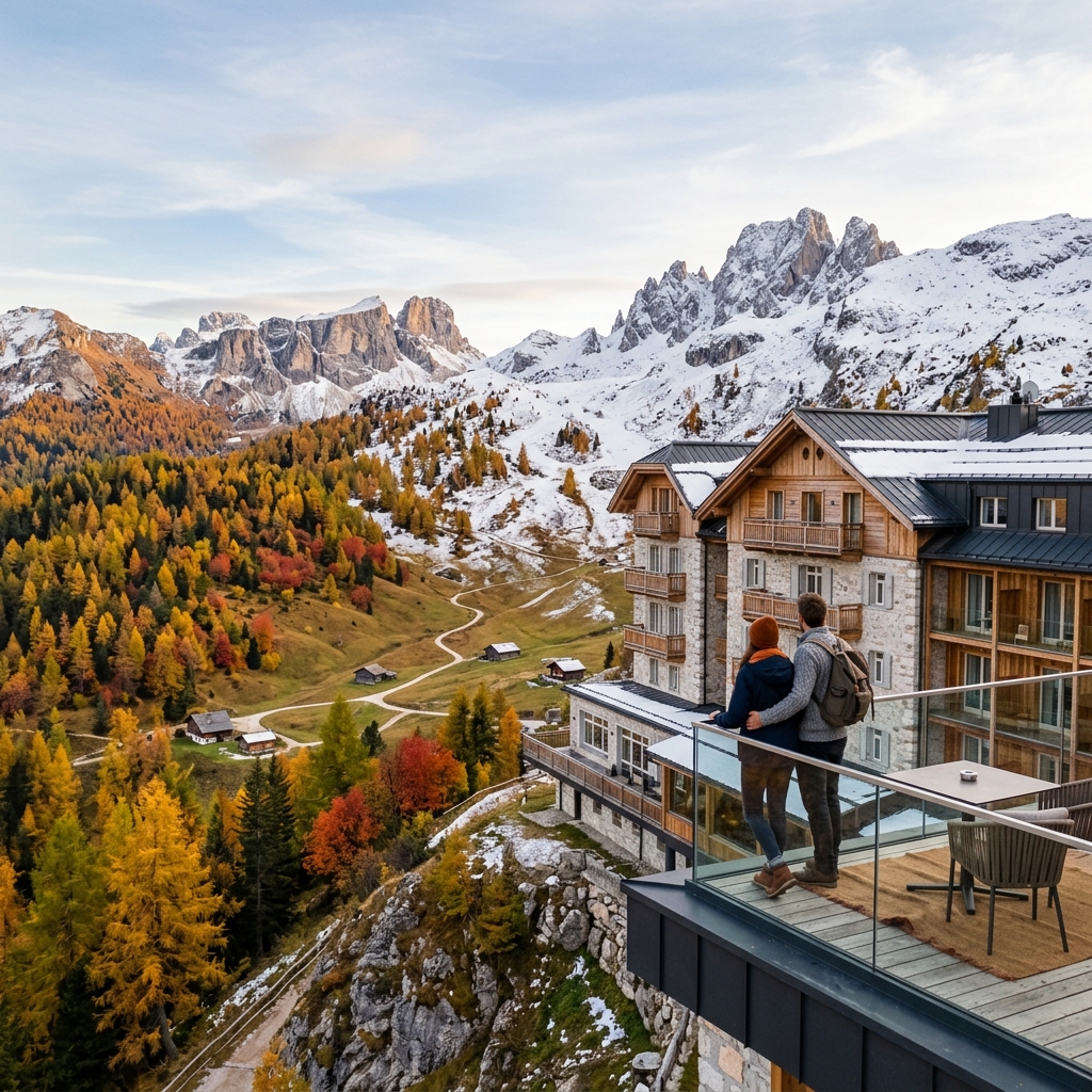 Un lussuoso resort sulle Dolomiti che mostra il passaggio dal foliage autunnale alla prima neve, con una coppia vista di spalle che ammira il panorama dal balcone.