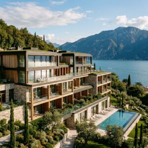 Architettura moderna di un resort di lusso a cinque stelle sul Lago di Garda, progettato da Matteo Thun, con vista sul lago e sulla vegetazione circostante. (Immagine generata con IA)