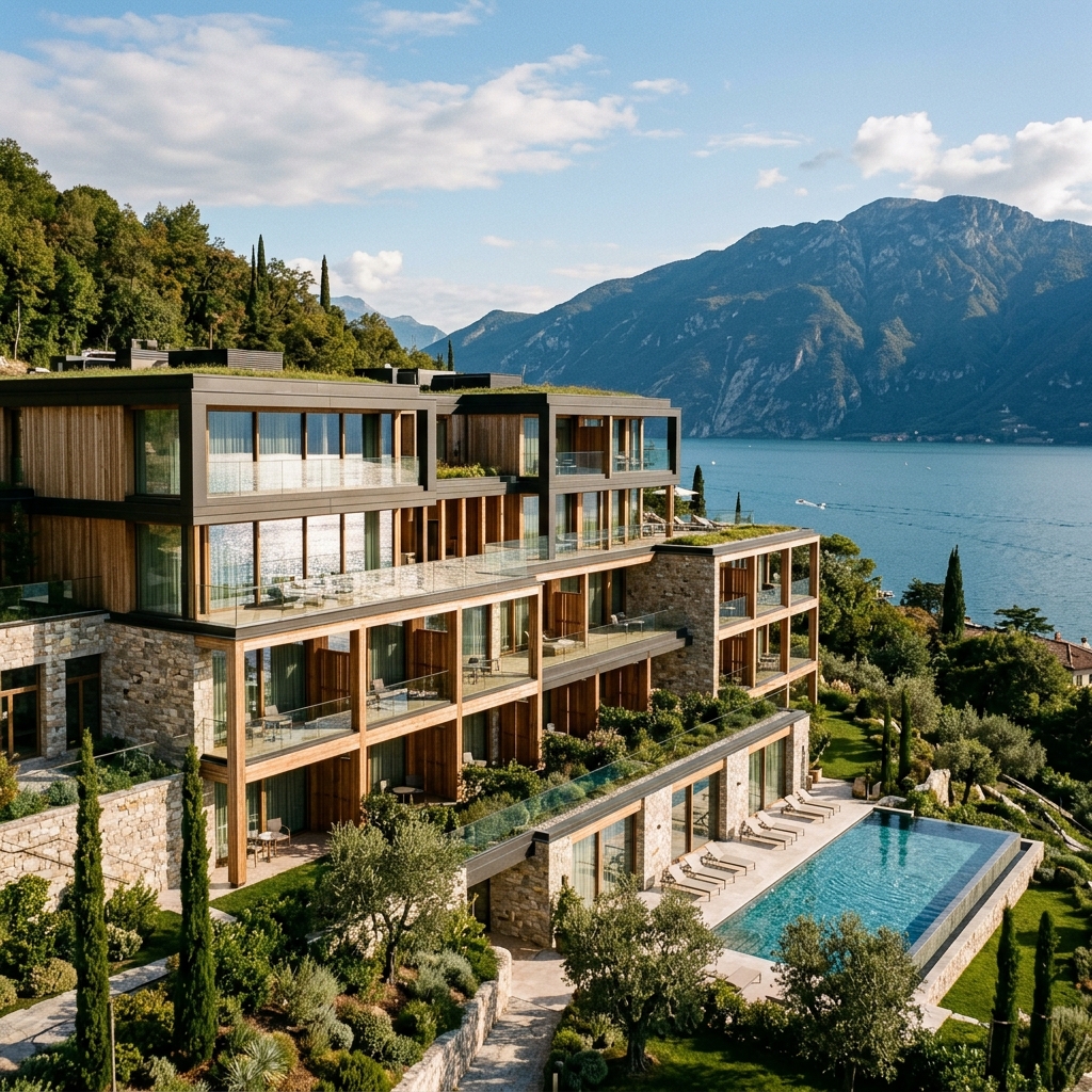 Architettura moderna di un resort di lusso a cinque stelle sul Lago di Garda, progettato da Matteo Thun, con vista sul lago e sulla vegetazione circostante. (Immagine generata con IA)