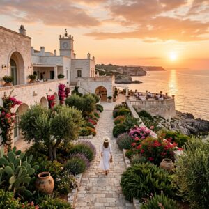 Panoramica di un elegante resort in Puglia con architettura in pietra bianca e giardini mediterranei al tramonto