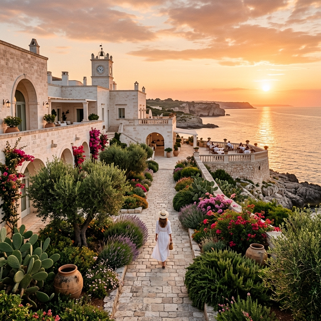 Panoramica di un elegante resort in Puglia con architettura in pietra bianca e giardini mediterranei al tramonto