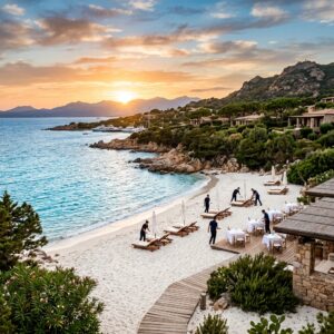 Panoramica di un resort di lusso in Sardegna con spiaggia bianca, mare turchese e giardini mediterranei, con personale del resort in lontananza.