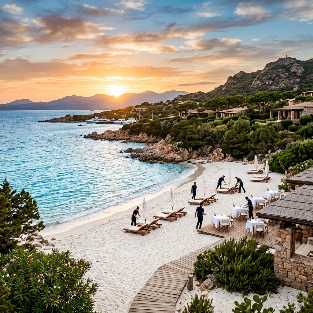 Panoramica di un resort di lusso in Sardegna con spiaggia bianca, mare turchese e giardini mediterranei, con personale del resort in lontananza.