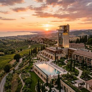 Resort di lusso con una torre architettonica moderna immerso in un paesaggio collinare toscano al tramonto. (Immagine generata con IA)