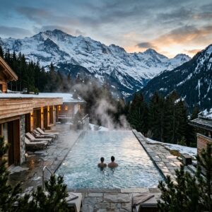 Piscina esterna riscaldata di un resort alpino di lusso con fumo che sale, circondata da montagne innevate e pini verdi, con una coppia di spalle in lontananza.