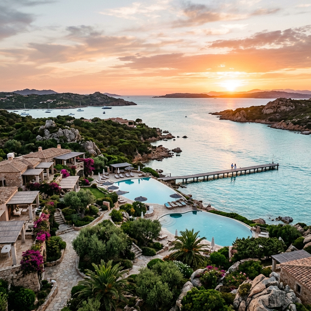 Vista panoramica di un lussuoso resort sull'isola di Santo Stefano a La Maddalena, con piscine a sfioro e un pontile che si estende verso il mare cristallino. (Immagine generata con IA)