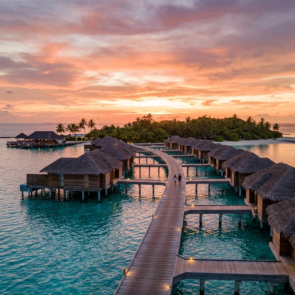 Resort di lusso con ville overwater e pontili in legno al tramonto alle Maldive. (Immagine generata con IA)