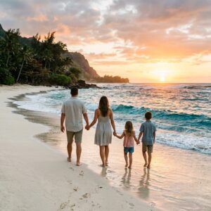 Una famiglia vista di spalle cammina su una spiaggia di sabbia bianca verso il mare al tramonto in un resort alle Hawaii.
