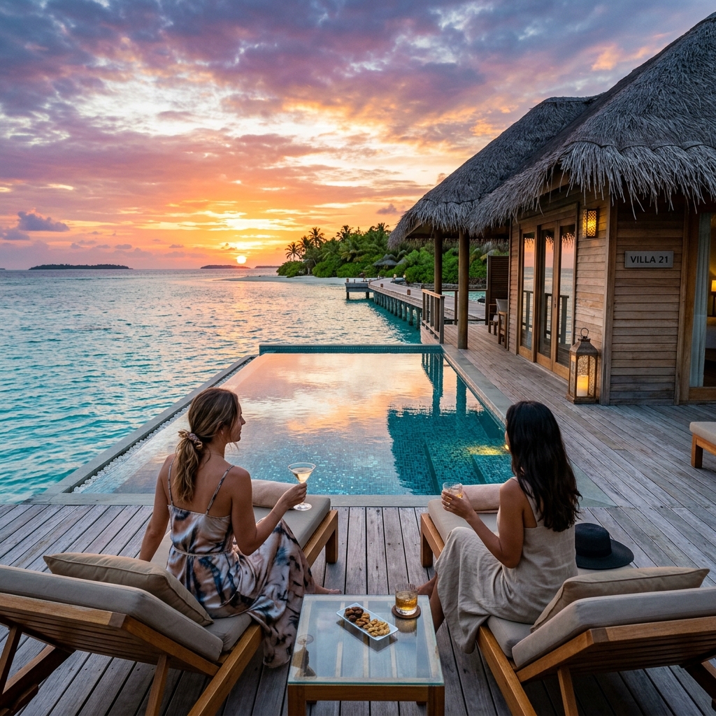 Due donne viste di spalle su un pontile di una villa overwater alle Maldive al tramonto, con una piscina privata che si affaccia sull'oceano.