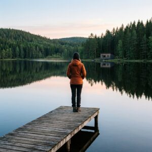Persona vista di spalle su un pontile in legno, affacciata su un lago sereno circondato da foreste di pini in Svezia.