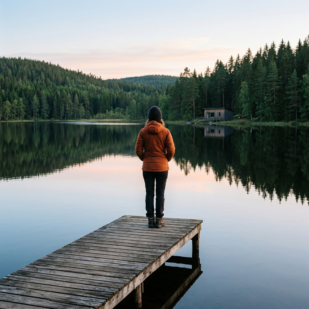 Persona vista di spalle su un pontile in legno, affacciata su un lago sereno circondato da foreste di pini in Svezia.