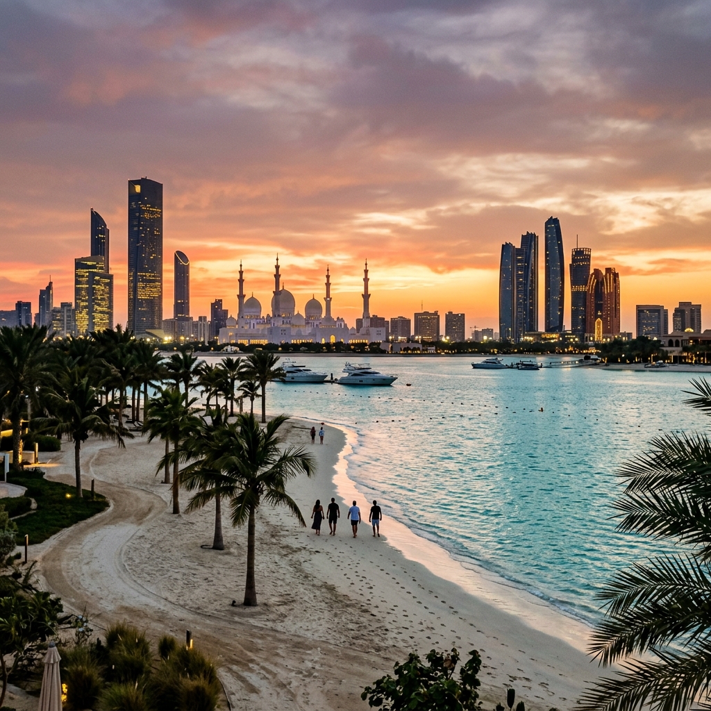 Panorama di Abu Dhabi al tramonto, con la Grande Moschea Sheikh Zayed e la skyline moderna, e la spiaggia di un resort di lusso.