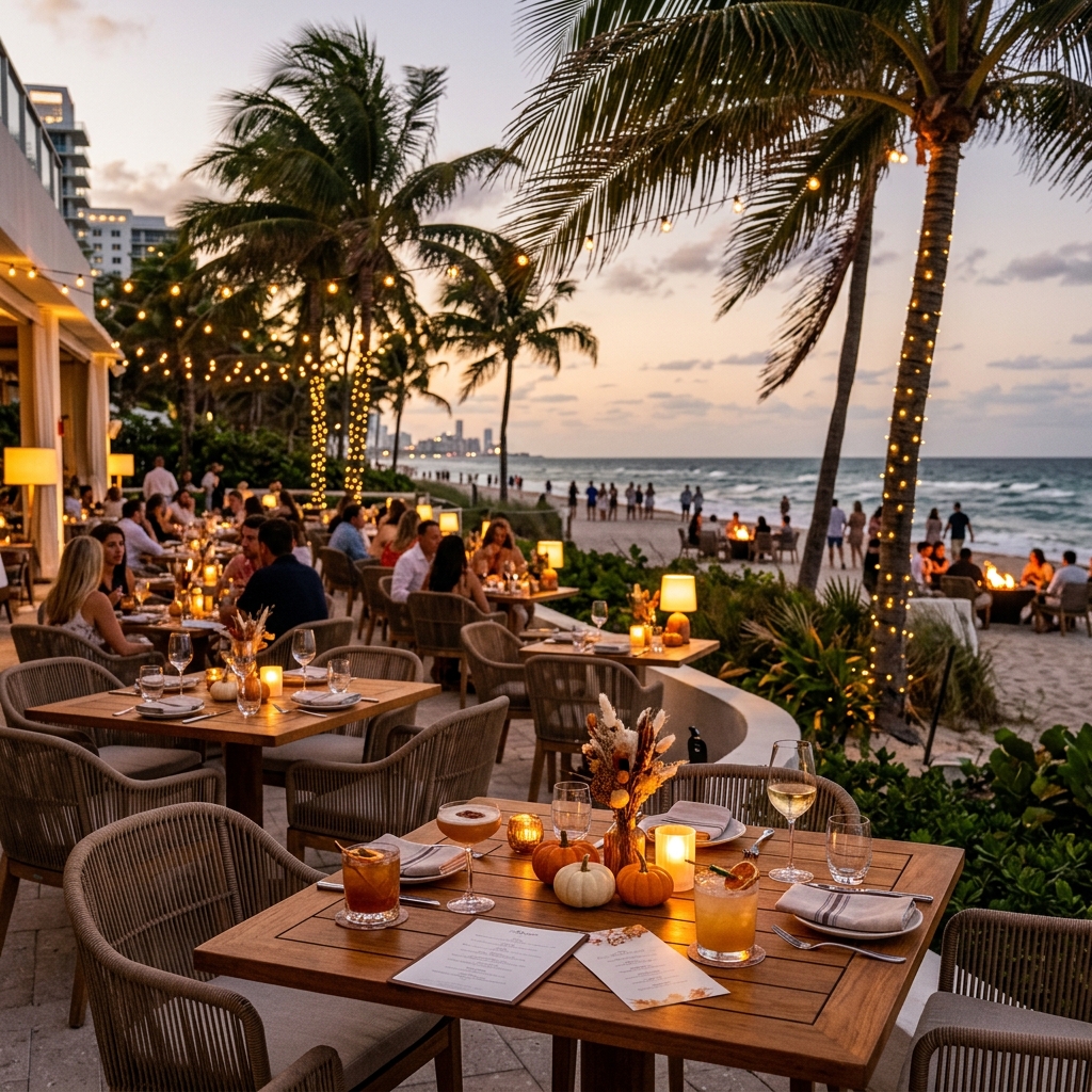 Vista panoramica di un lussuoso resort a Miami Beach con un beach club elegante e palme che ondeggiano, con tavoli da pranzo all'aperto e cocktail, e silhouette di ospiti in lontananza.