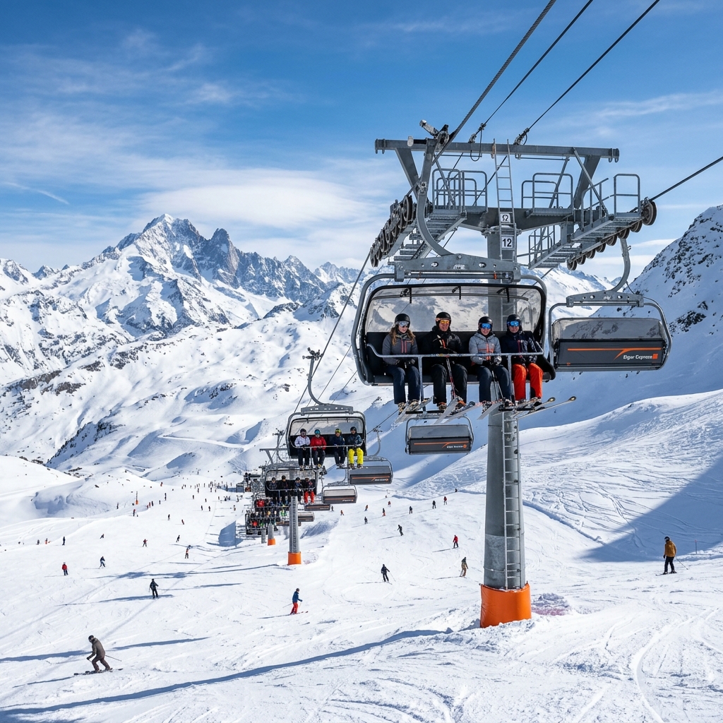 Un moderno impianto di risalita a otto posti in una stazione sciistica di lusso con piste innevate e sciatori in lontananza.