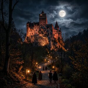 Un antico castello gotico illuminato di notte, con la luna piena nel cielo e figure silhouette che camminano su un sentiero illuminato da lanterne, ambientazione perfetta per Halloween. (Immagine generata con IA)