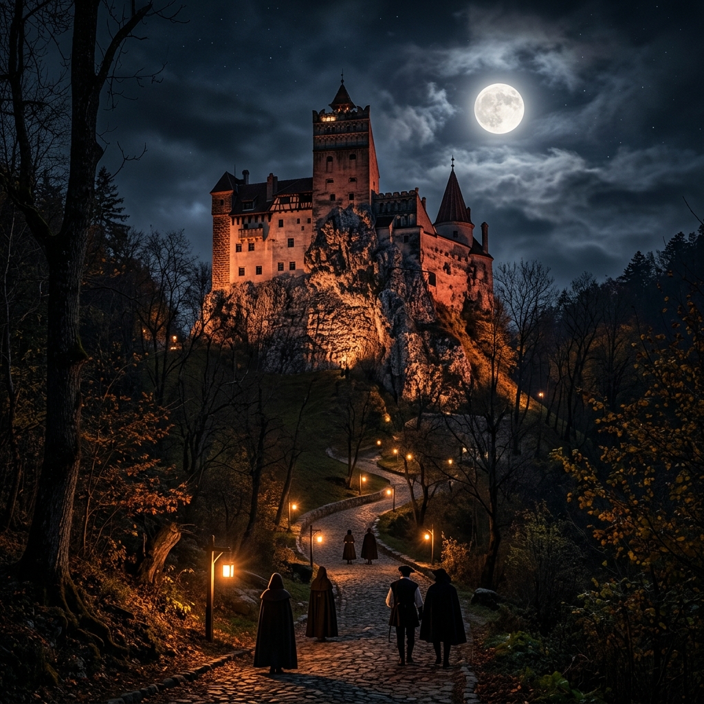 Un antico castello gotico illuminato di notte, con la luna piena nel cielo e figure silhouette che camminano su un sentiero illuminato da lanterne, ambientazione perfetta per Halloween. (Immagine generata con IA)