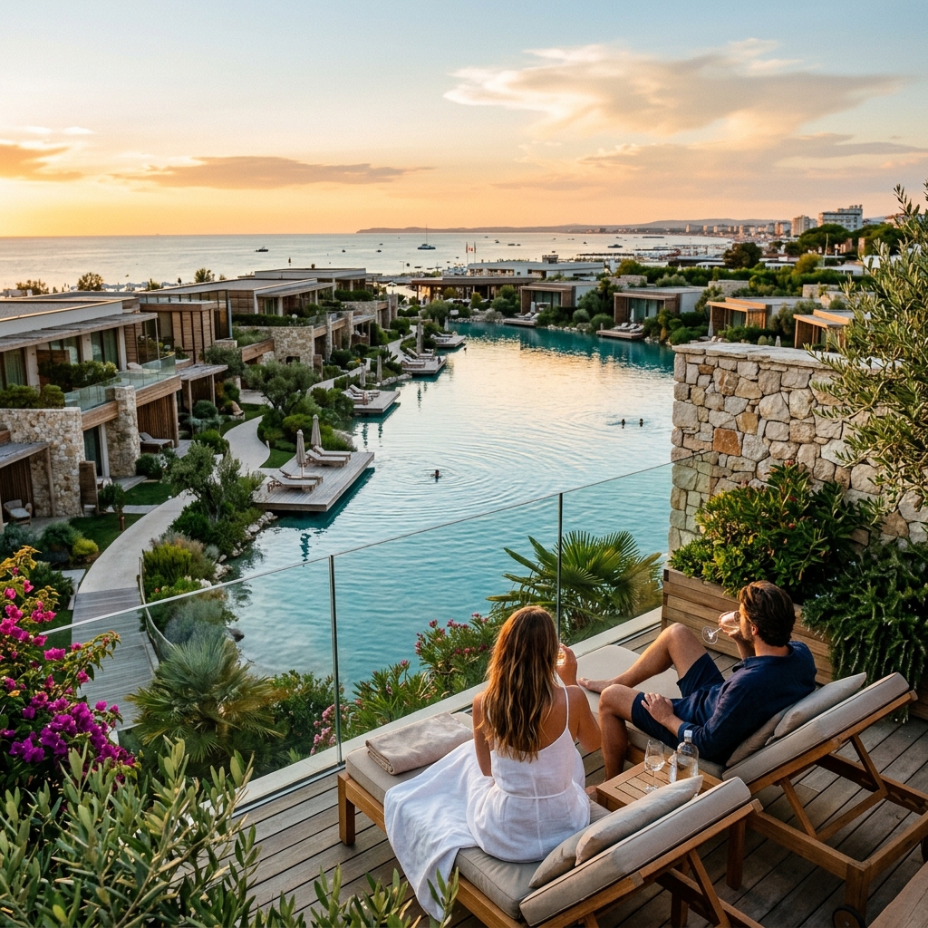 Boutique resort di lusso con architettura moderna immerso in una laguna a Riccione, Italia, con vegetazione lussureggiante e acqua calma.
