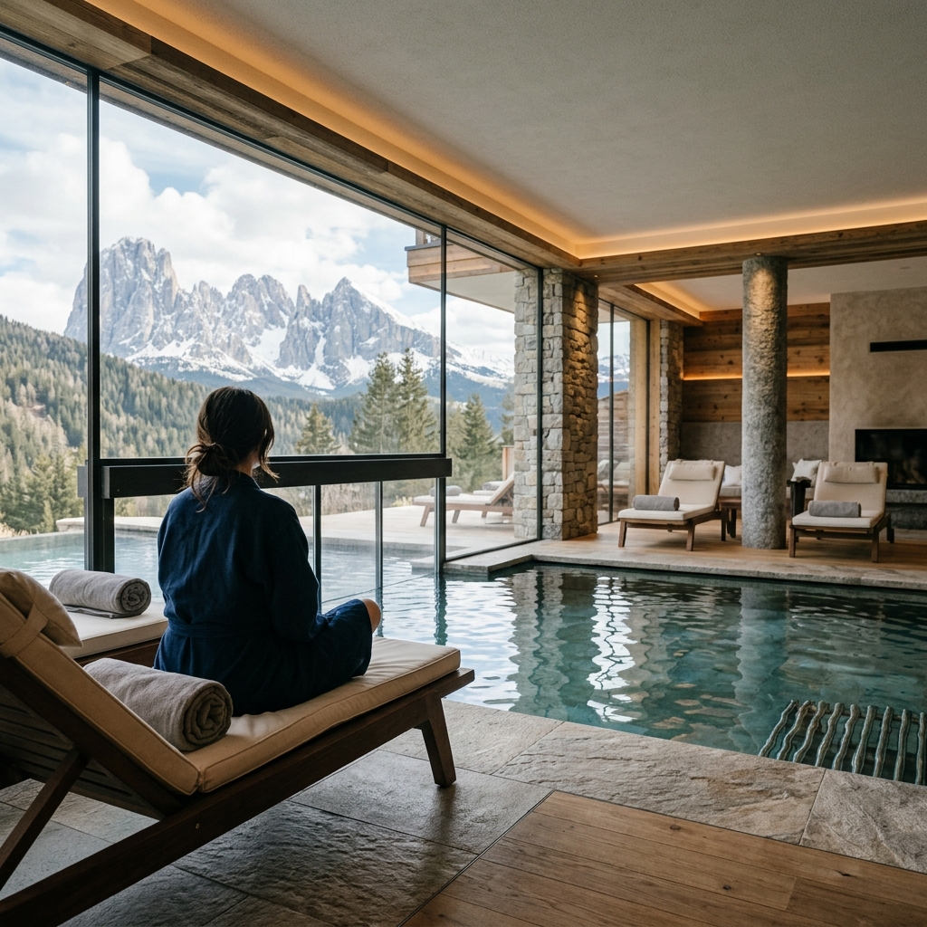 Una lussuosa area relax con piscina interna in una spa di montagna, con una persona seduta di spalle. (Immagine generata con IA)
