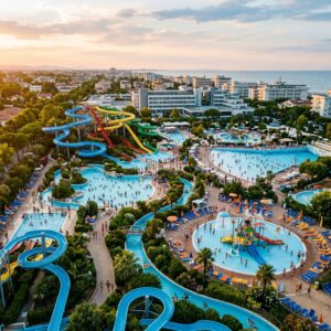 Vista aerea di un vivace parco acquatico per famiglie a Riccione, con molteplici piscine, scivoli e aree gioco, al tramonto, con famiglie in lontananza. (Immagine generata con IA)