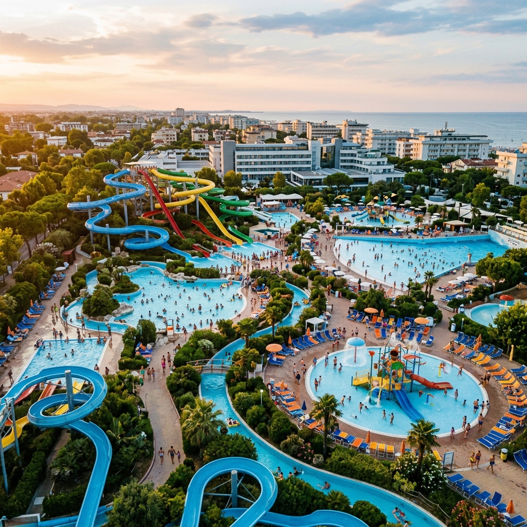 Vista aerea di un vivace parco acquatico per famiglie a Riccione, con molteplici piscine, scivoli e aree gioco, al tramonto, con famiglie in lontananza. (Immagine generata con IA)