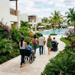 Persone con e senza disabilità che camminano su un sentiero accessibile all'interno di un lussuoso resort italiano, verso l'area piscina.