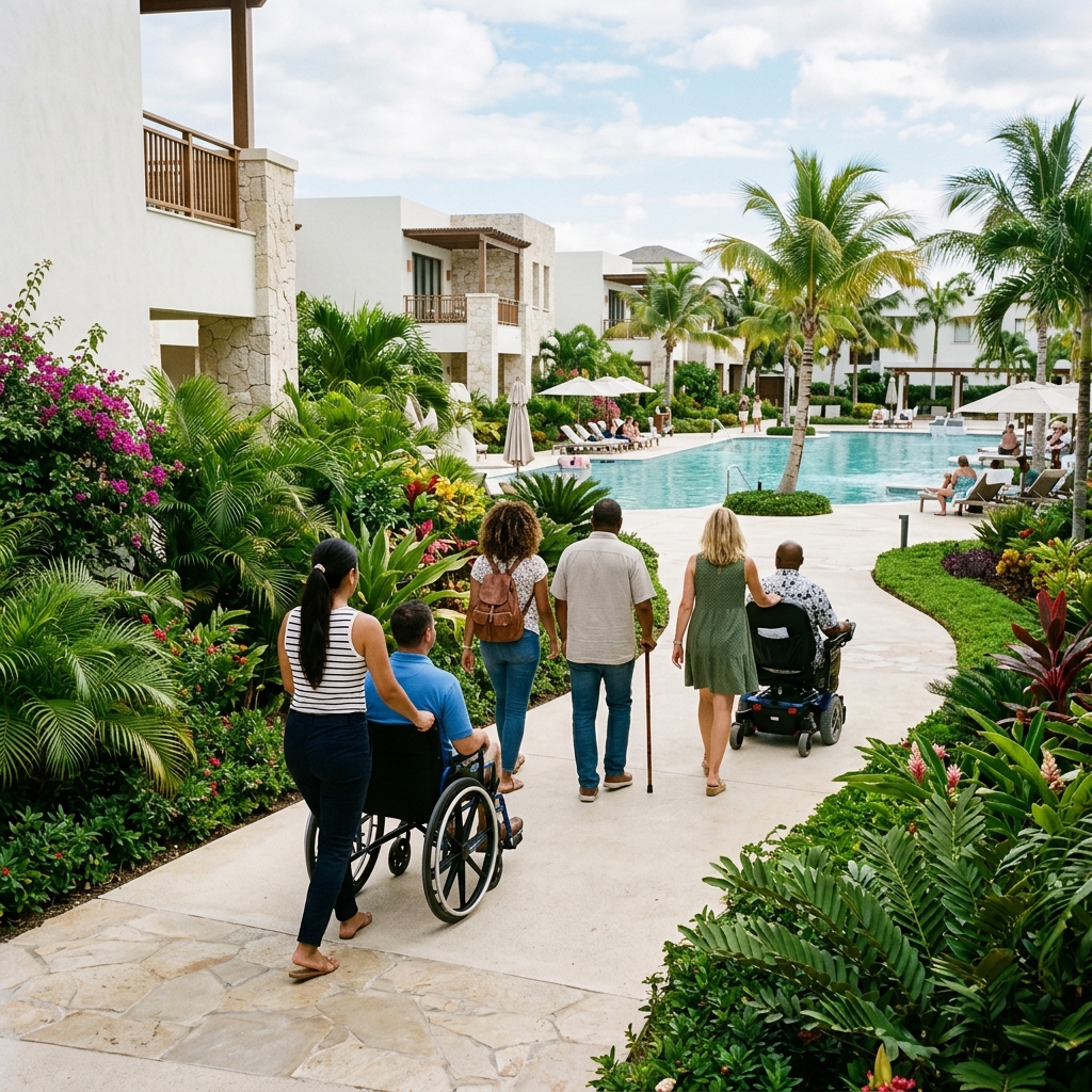 Persone con e senza disabilità che camminano su un sentiero accessibile all'interno di un lussuoso resort italiano, verso l'area piscina.
