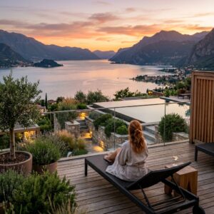 Area benessere di un resort eco-chic sul Lago di Garda al tramonto con vista panoramica (Immagine generata con IA)