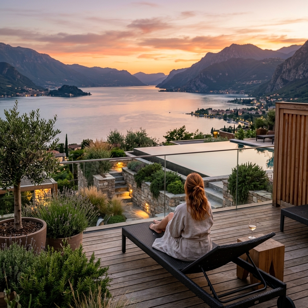 Area benessere di un resort eco-chic sul Lago di Garda al tramonto con vista panoramica (Immagine generata con IA)